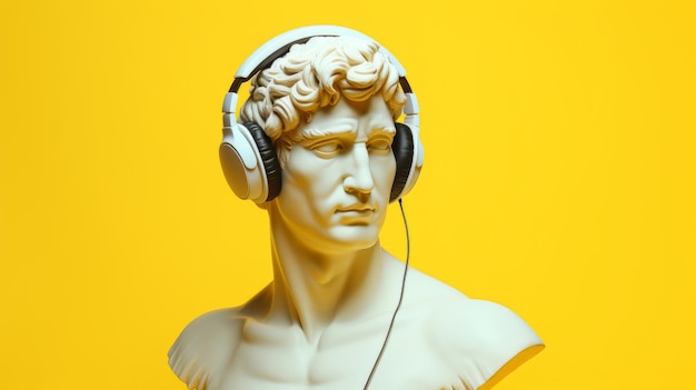 Rzeźba lub posąg Dawida w słuchawkach na żółtym tle