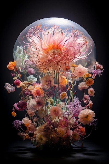 Zdjęcie rzeźba meduzy z kwiatami i liśćmi