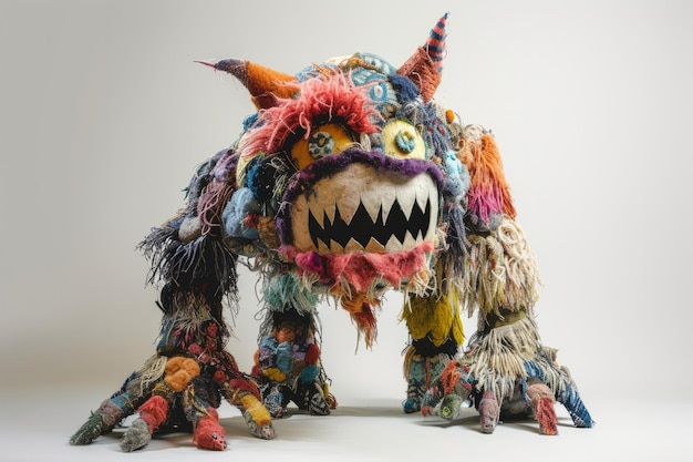 Rzeźba potwora wykonana z wypchanych zwierząt w stylu sztuki znalezionych przedmiotów