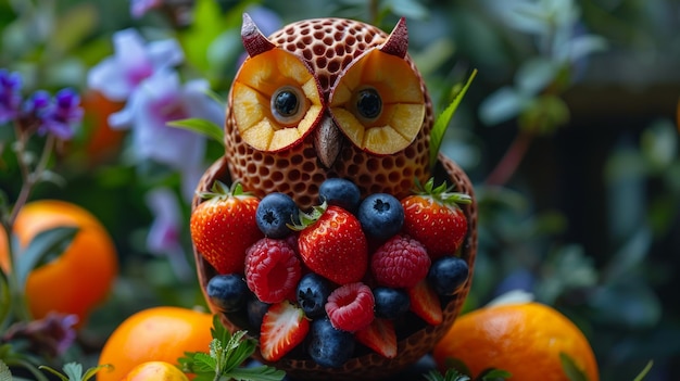 Zdjęcie rzeźba sowy z owoców i warzyw