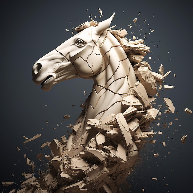 Zdjęcie rzeźba z pękniętą głową konia na czystym tle dzikie zwierzęta ilustracja generatywna sztuczna inteligencja