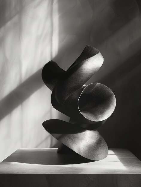 Rzeźba ze splecionymi kształtami rzucająca dramatyczne cienie pod reflektorem na minimalistycznym tle
