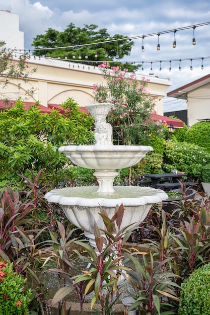 Rzeźbiąca kamienna fontanna w ozdobnym ogrodzie