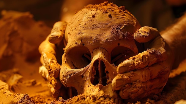 Zdjęcie rzeźbiarz skrupulatnie wykonuje glinianą czaszkę ucieleśniającą ludzką anatomię i esencję śmiertelności koncepcja rzeźba gliniana sztuka czaszka ludzka anatomia śmiertelność