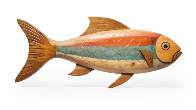 Rzeźbiona drewniana rzeźba ryby w kolorze teal i pomarańczowym
