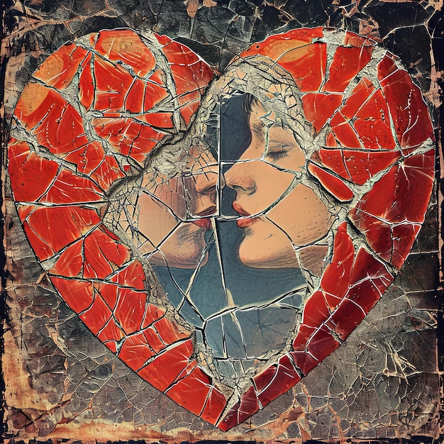 Rzeźbiona ilustracja złamanego serca na Święto Walentynek, rozbite jak pęknięte lustro, odzwierciedlające złamane obrazy miłości, złamane iluzje. v6 Job ID 169da13fd2924ec2a3193f004d41069f