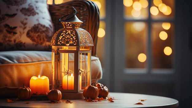 Rzeźbiona latarnia z dyni Halloween przy kominku w urządzonym wnętrzu salonu z dyniami