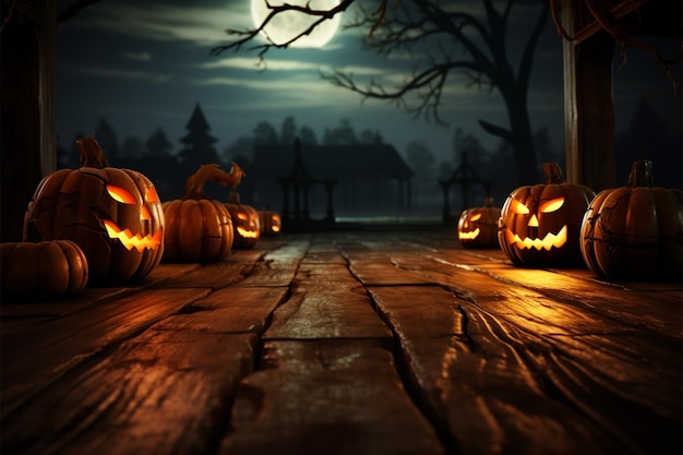 Rzeźbione dynie zdobią drewniany stół na Halloween