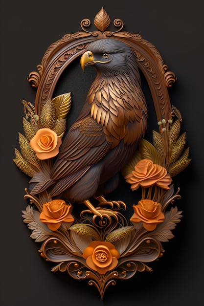 Rzeźbiony drewniany ptak ze złotą ramą i różami.