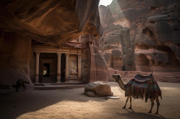 Rzeźbiony skarb wielbłąd Siq i archeolodzy w Petra Jordan generatywny IA