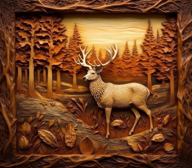 rzeźby jelenia w lesie z sosnami i zachodem słońca generatywny ai