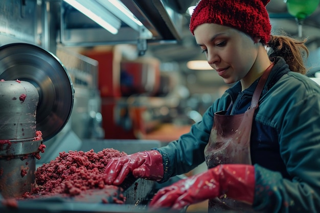 Zdjęcie rzeźnik przygotowuje mięso mielone w fabryce za pomocą sztucznej inteligencji