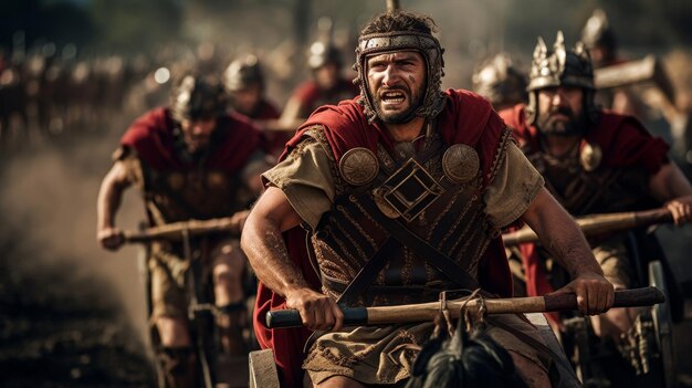 Zdjęcie rzymscy legionariusze ścigają się w powozach w placówce.