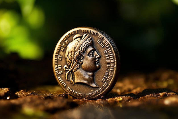 Zdjęcie rzymska moneta z profilem cesarza lub bogini
