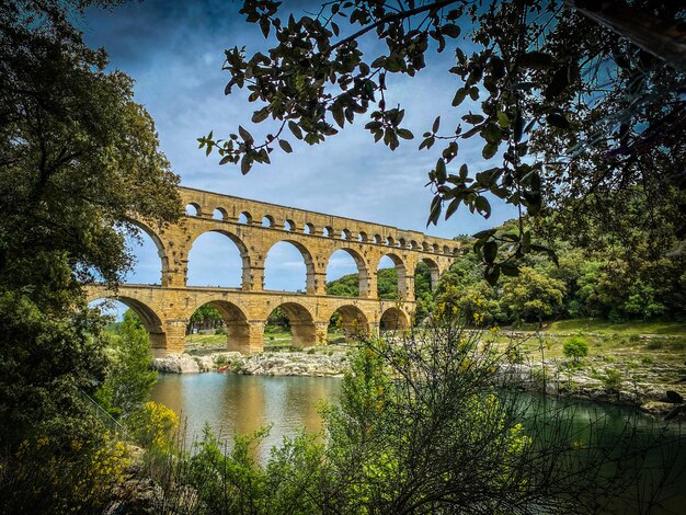 Rzymski akwedukt widziany przez liście, Pont-du-Gard, Langwedocja-Roussillon Francja