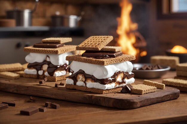 S'mores Marshmallow z czekoladą i krakersami Graham w rustykalnej kuchni