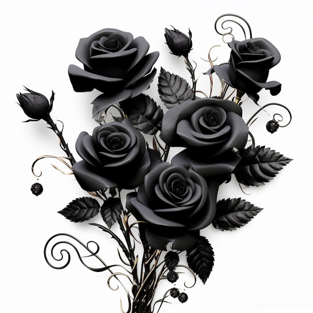 Są czarne róże z liśćmi i jagodami na białym tle generatywna ai