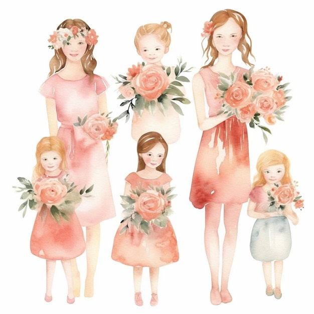 Są cztery dziewczyny w sukienkach trzymające kwiaty i trzymające kwiatów generatywny ai