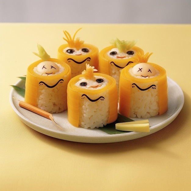 Zdjęcie są cztery rolki sushi z twarzami na nich na talerzu generatywny ai