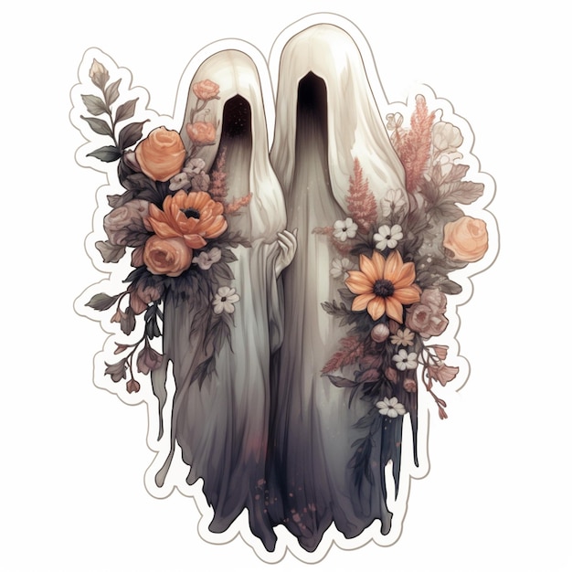Są dwa białe duchy z kwiatami na głowach.