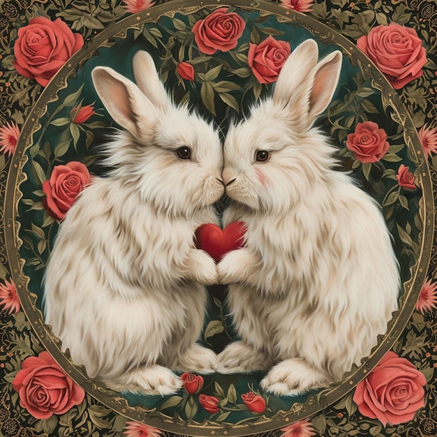 Są dwa białe króliki, które trzymają czerwone serce generatywne ai