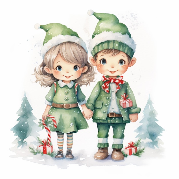 Są dwa dzieci ubrane w zielone ubrania trzymające się za ręce.