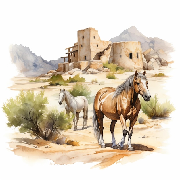 Są dwa konie stojące na pustyni w pobliżu budynku generatywnego ai