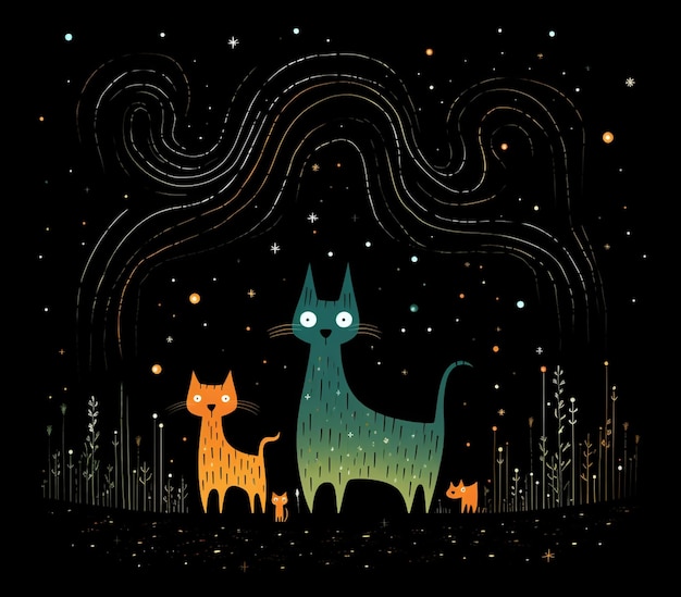 Są dwa koty stojące w trawie w nocy generatywne ai