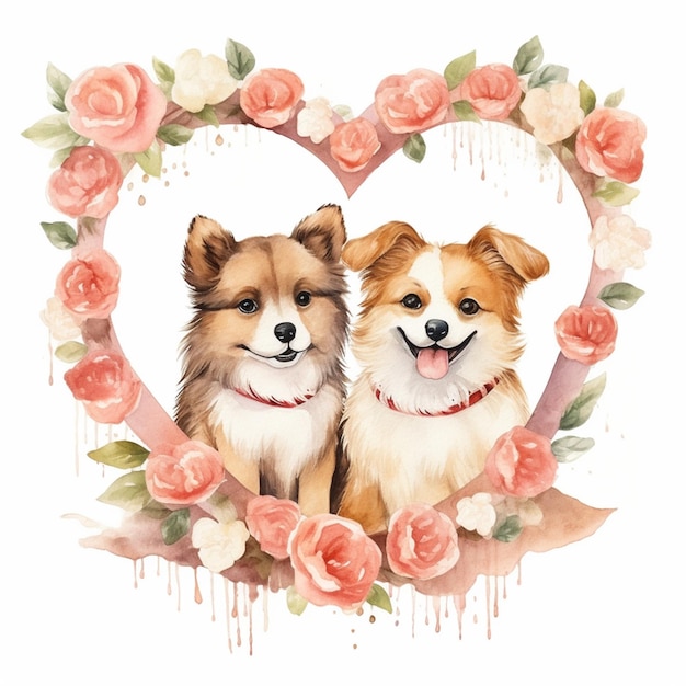 Są dwa psy, które siedzą w ramie w kształcie serca.