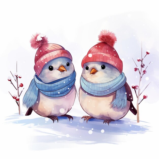 Zdjęcie są dwa ptaki noszące kapelusze i chusteczki w śniegu generatywny ai