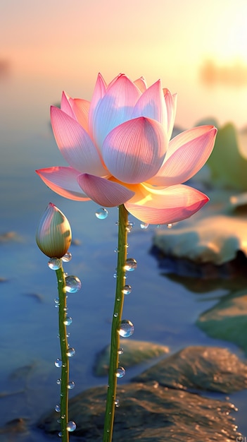 Są dwa różowe kwiaty, które rosną z wody.