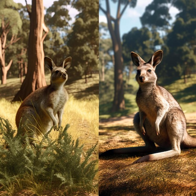 Zdjęcie są dwa zdjęcia kangura i kangura w lesie.