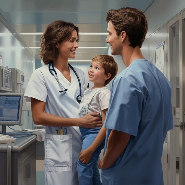 Są dwaj lekarze i dziecko na korytarzu szpitala.