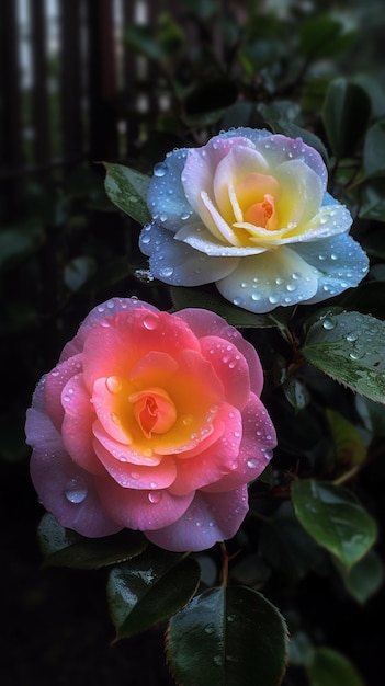 są dwie róże, które siedzą w deszczu generatywnym ai