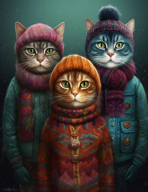 Są tam dwa koty w płaszczach i kapeluszach stojące obok siebie generatywne ai