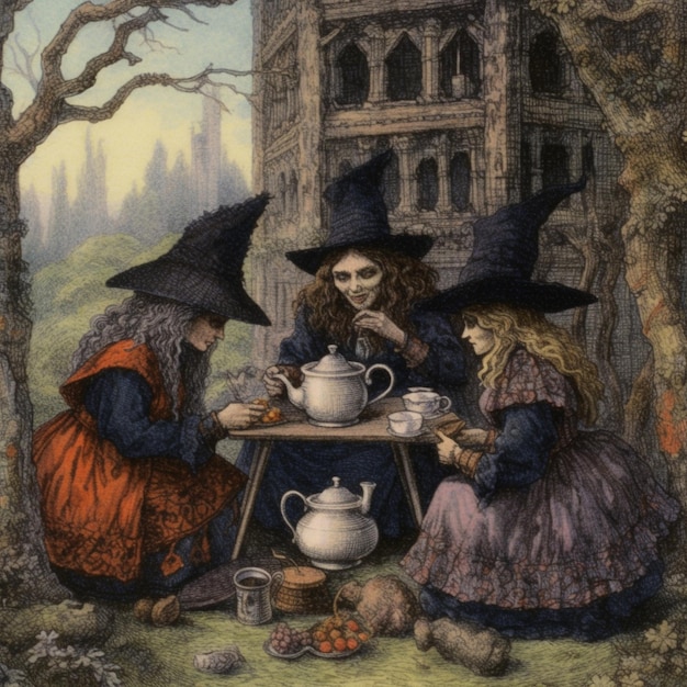 Zdjęcie są trzy czarownice siedzące przy stole z garnkami na herbatę.