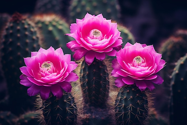 Są trzy kwiaty, które rosną z kaktusa.