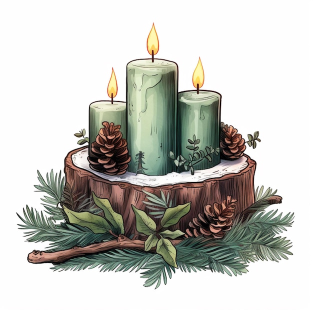 Zdjęcie są trzy świece siedzące na pniu drzewa z stożkami sosny generatywne ai
