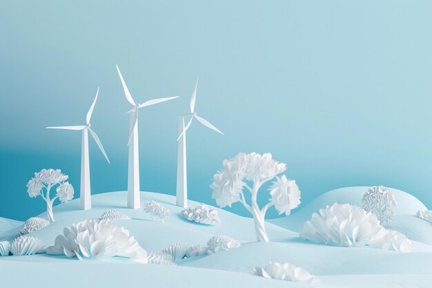 Są trzy turbiny wiatrowe na śnieżnym wzgórzu z drzewami generującymi ai