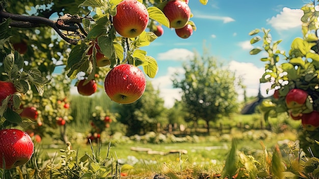Sad jabłkowy, słoneczny dzień, zbiory jabłek, generowanie sztucznej inteligencji