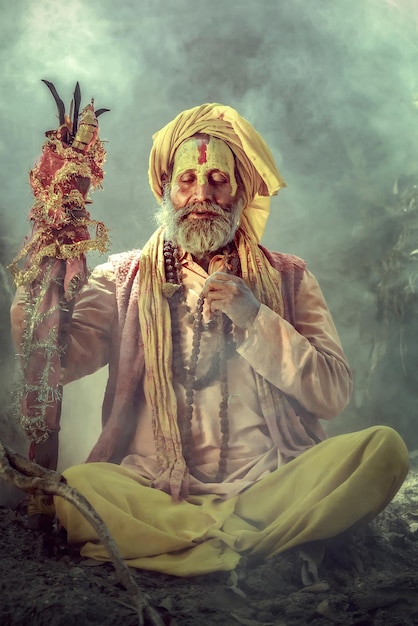 Sadhu w tradycyjnych ubraniach siedzący