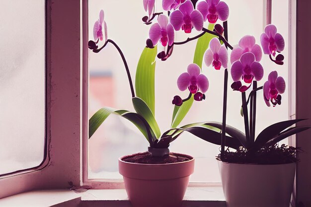 Sadzi różowe kwiaty orchidei w doniczkach na oknie