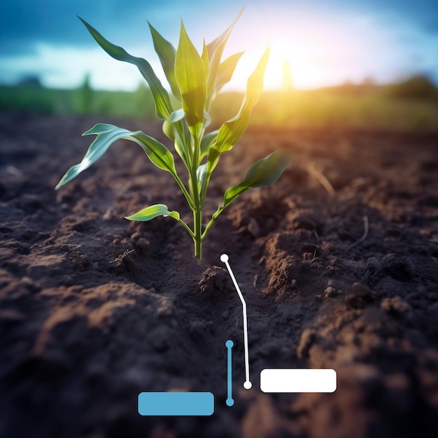 Sadzonka kukurydzy na polu uprawnym z elementem infograficznym Inteligentne rolnictwo Generative AI