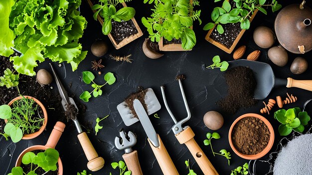 Zdjęcie sadzonki warzyw z narzędziami ogrodowymi