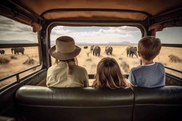 Safari słonie rodziny dzieci Tour wakacje Generowanie Ai