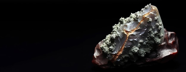 Zdjęcie saffloryt jest rzadkim drogocennym kamieniem naturalnym na czarnym tle wygenerowanym przez sztuczną inteligencję.