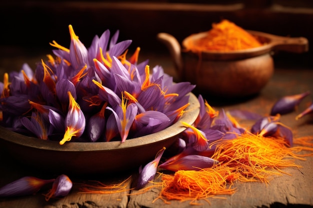 Saffron crocus przyprawa na rusztycznym drewnianym tle