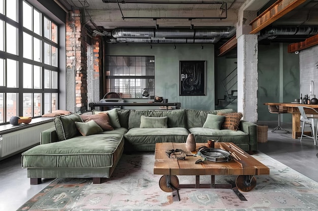 Sage Green Industrial styl loft wnętrze i nowoczesny salon