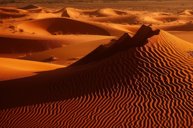Sahara to pustynia z wydmami i zachodzącym słońcem.