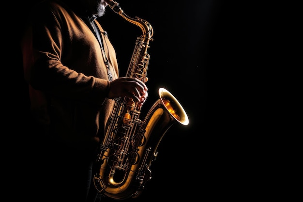 Saksofonista Saksofonista gra na instrumencie muzyki jazzowej Muzyk jazzowy gra na saksofonie altowym na czarnym tle Generative Ai